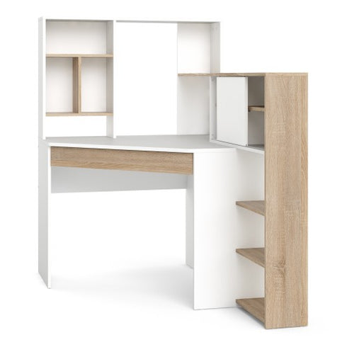 Function Plus Corner Desk with multi-functional unit In White and Oak
